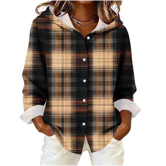 Women's Plaid Hooded Jacket Button Down Long Sleeve Casual Jacket with Pockets Loose Fit Fall Outerwear for Daily Weekend and Travel