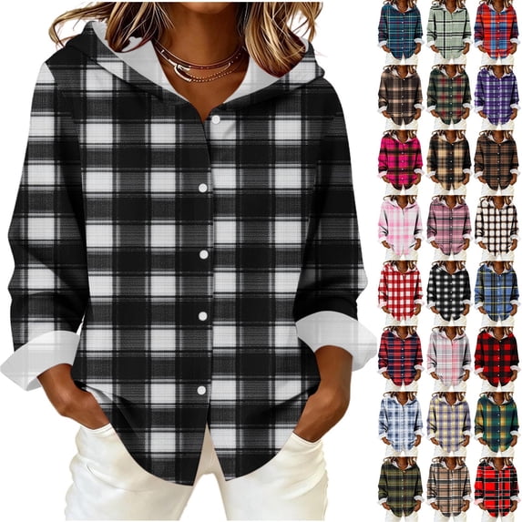 Women's Plaid Hooded Jacket Button Down Long Sleeve Casual Jacket with Pockets Loose Fit Fall Outerwear for Daily Weekend and Travel