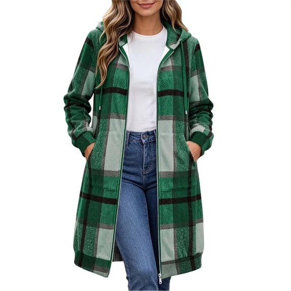 Women's Plaid Hooded Long Jacket Long Sleeve Drawstring Hood Zip up Casual Shacket Coat with Pockets for Autumn Winter Green