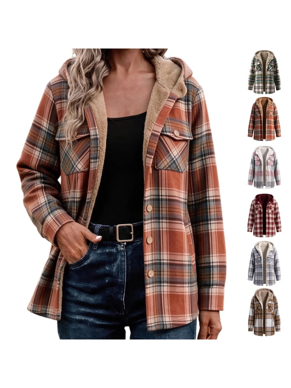 Women's Plaid Hooded Shacket Button Down Fleece Lined Flannel Jacket Casual Outerwear with Pockets for Fall Winter Daily Wear