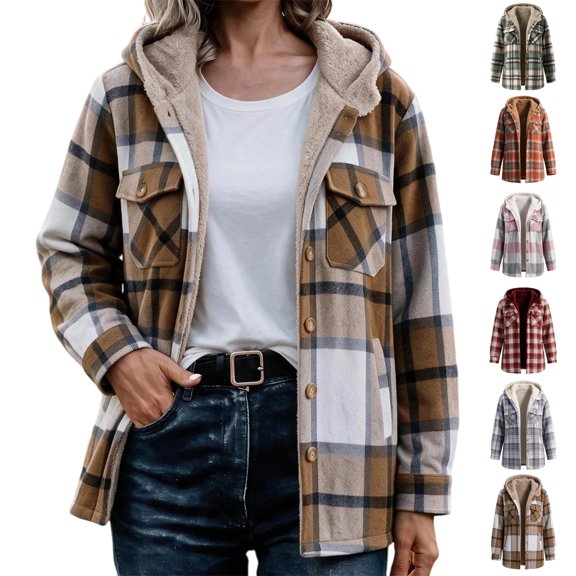 Women's Plaid Hooded Shacket Button Down Fleece Lined Flannel Jacket Casual Outerwear with Pockets for Fall Winter Daily Wear
