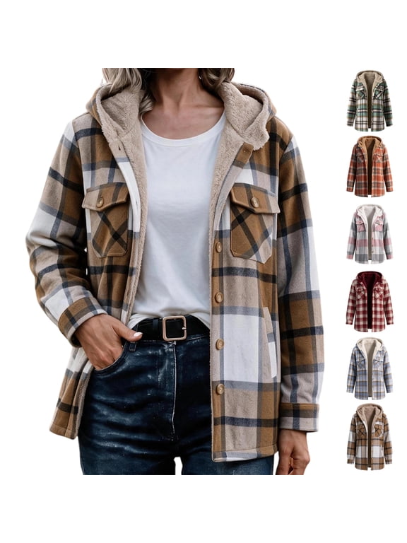 Women's Plaid Hooded Shacket Button Down Fleece Lined Flannel Jacket Casual Outerwear with Pockets for Fall Winter Daily Wear