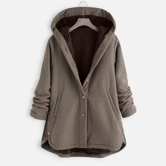 Women's Plaid Hoodies Fleece Jacket Long Sleeve Button Down Cardigan Casual Plush Outerwear Winter Warm Cozy Soft Thermal Overcoats with Pockets