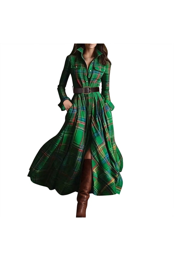 Women's Plaid Irregular Dress Long Sleeved Collared Button Up Shirt Jacket Dress With Belt Green XXL