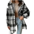 thumbnail image 1 of Women's Plaid Jacket Black Fall And Winter Lattice Splice Pocket Buttons Long Sleeve Casual Hooded Outwears Coat Outwear L, 1 of 9