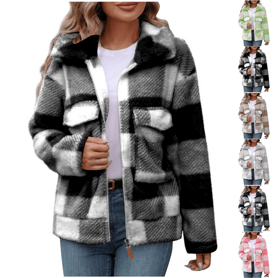 Women's Plaid Jacket Black Woman Winter Pockets Zipper Lapel Long Sleeve Blouse Coats S