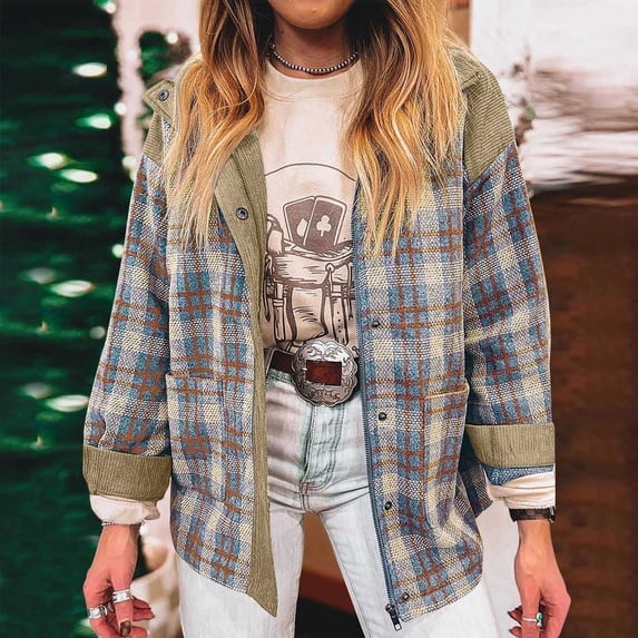 Women's Plaid Jacket Corduroy Patchwork Vintage Flannel Jackets Fall Winter Stand Collar Coats with Pockets Khaki L