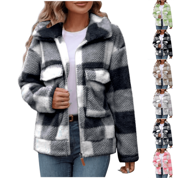 Women's Plaid Jacket Gray Woman Winter Pockets Zipper Lapel Long Sleeve Blouse XL