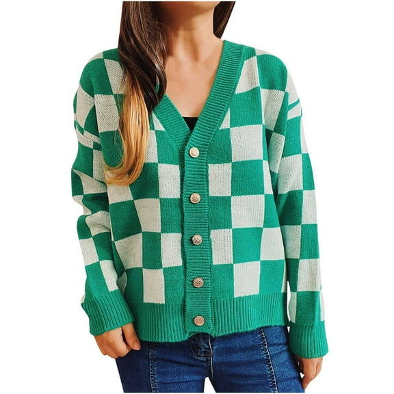 Women's Plaid Jacket Green Knitted Sweater Loose Contrasting Casual Checkered Coat Outwear L