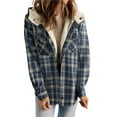 thumbnail image 1 of Women's Plaid Jacket Long Sleeve Button Down Fleece Hooded Jackets Warm Coat Blue Checkered M, 1 of 7
