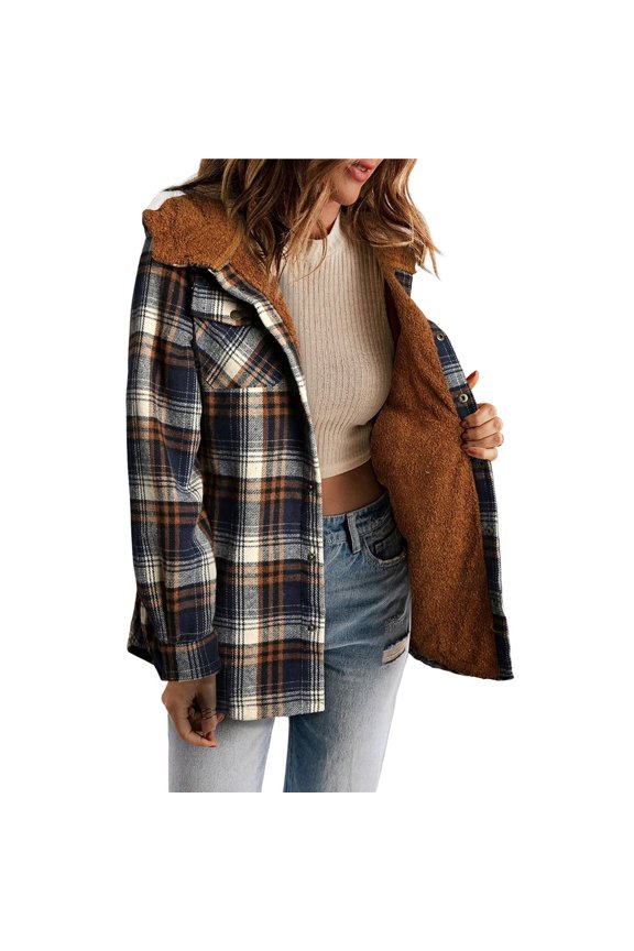 Women's Plaid Jacket Long Sleeve Button Down Fleece Hooded Jackets Warm Coat Brown Checkered M