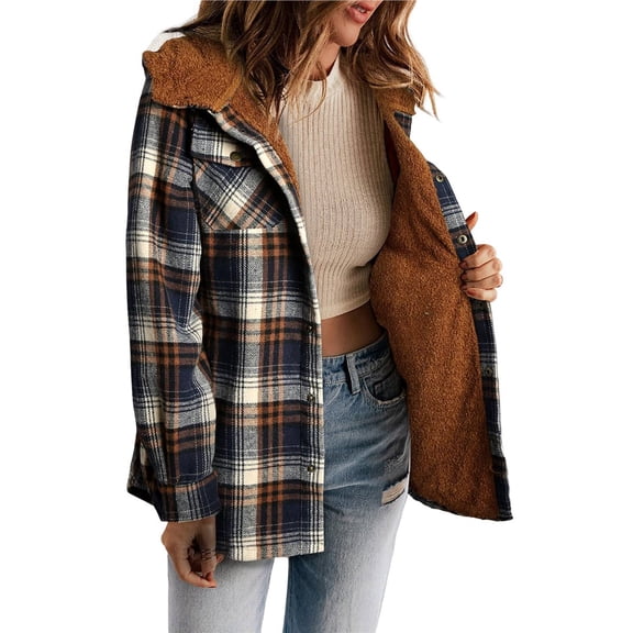 Women's Plaid Jacket Long Sleeve Button Down Fleece Hooded Jackets Warm Coat Brown Checkered XL