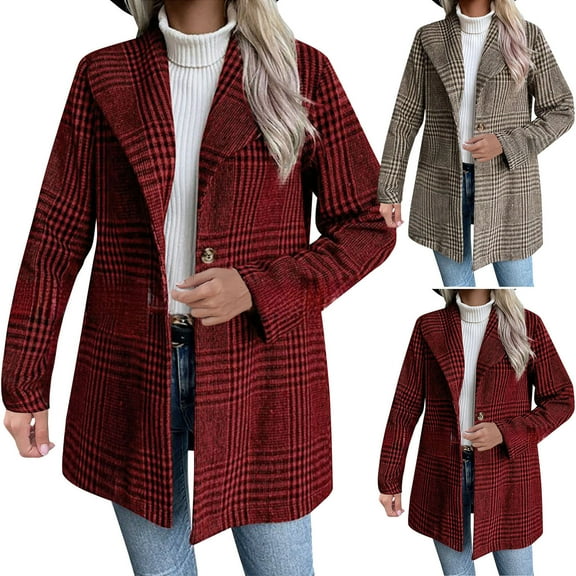 Women's Plaid Jacket Red Lapel Woolen Slim Temperament S