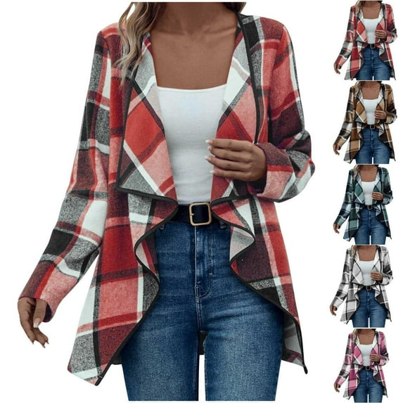 Women's Plaid Jacket Red Long Sleeved Hooded Checkered Sleeveless Hooded Casual XL