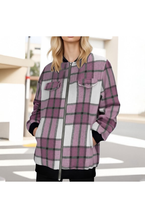 Women's Plaid Jackets Casual Zip up Flannel Coats Long Sleeve Loose Checkered Outerwear with Pockets New Women Plus Size Light Raincoat Purple XXL