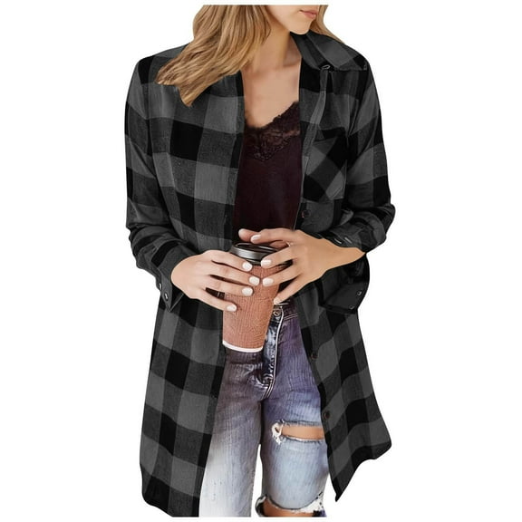 Women's Plaid Jackets Fall Winter Shirt Button Button Cardigans Casual Long Sleeve Plaid Shacket Outwears with Pocket