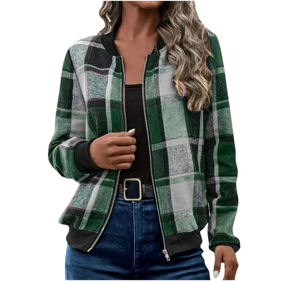 Women's Plaid Jackets Fashion Fall Lightweight Zipper Shirt Jacket Fashion Casual Full Zip Cardigans Long Sleeve Blouses Crewneck Plaid Regular Jacket Tops with Pocket