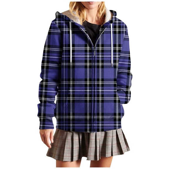 Women's Plaid Jackets Full Zip Long Sleeve Drawstring Hooded Cardigans Casual Color Block Coats Stylish Outfits with Pockets (S, Purple)