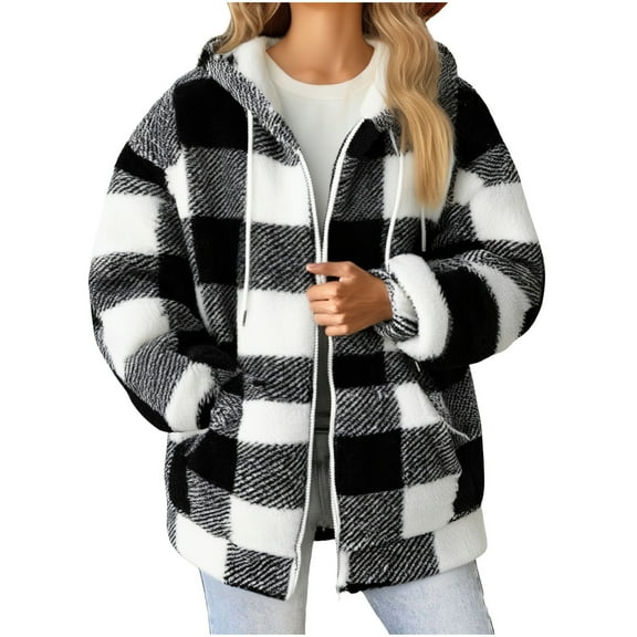 Women's Plaid Jackets Full-Zip Long Sleeve Flannel Shirts Jacket Casual Plush Warm Coat Trendy Fall Winter Outfits with Hood