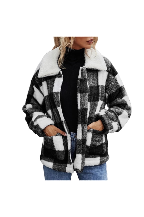Women’s Plaid Jackets, Women Coats Fuzzy Fleece Sherpa Faux Fur Jacket Zipper Warm Winter Comfy Shearling Outwear Coat