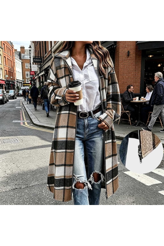 Women's Plaid Lapel Collar Long Button Coat Full Zip Inner Liner Loose Oversized Fit Multi Buffalo Check Patterns for Street Matching Outdoor Shopping Trips Beige XXL