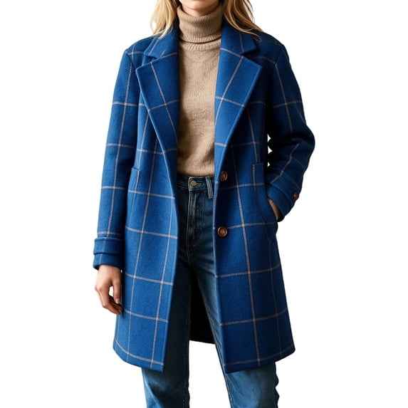 Women's Plaid Long Coat Lapel Button Down Warm Winter Overcoat ,Notch Lapel, Mid Length, Side Pockets, Wool Blend Outerwear, Single Breasted Long Trench Coat, Work Casual Fall Winter Outfit