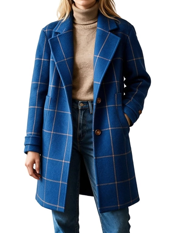 Women's Plaid Long Coat Lapel Button Down Warm Winter Overcoat ,Notch Lapel, Mid Length, Side Pockets, Wool Blend Outerwear, Single Breasted Long Trench Coat, Work Casual Fall Winter Outfit
