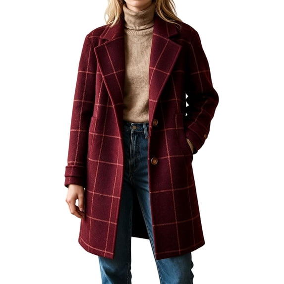 Women's Plaid Long Coat Lapel Button Down Warm Winter Overcoat ,Notch Lapel, Mid Length, Side Pockets, Wool Blend Outerwear, Single Breasted Long Trench Coat, Work Casual Fall Winter Outfit