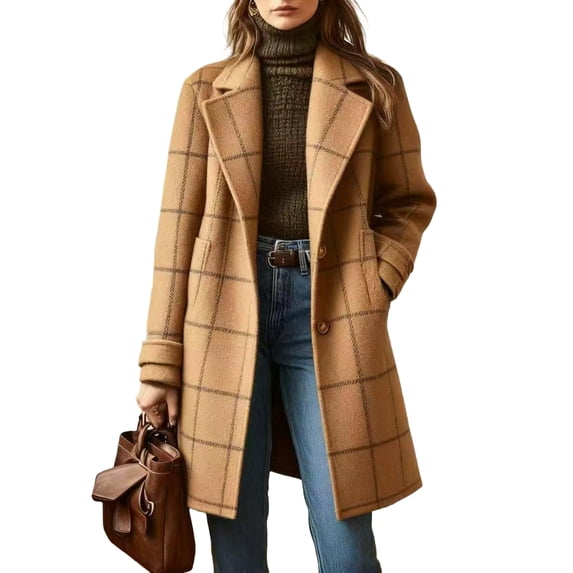 Women's Plaid Long Coat Single Breasted Notch Lapel Warm Winter Overcoat