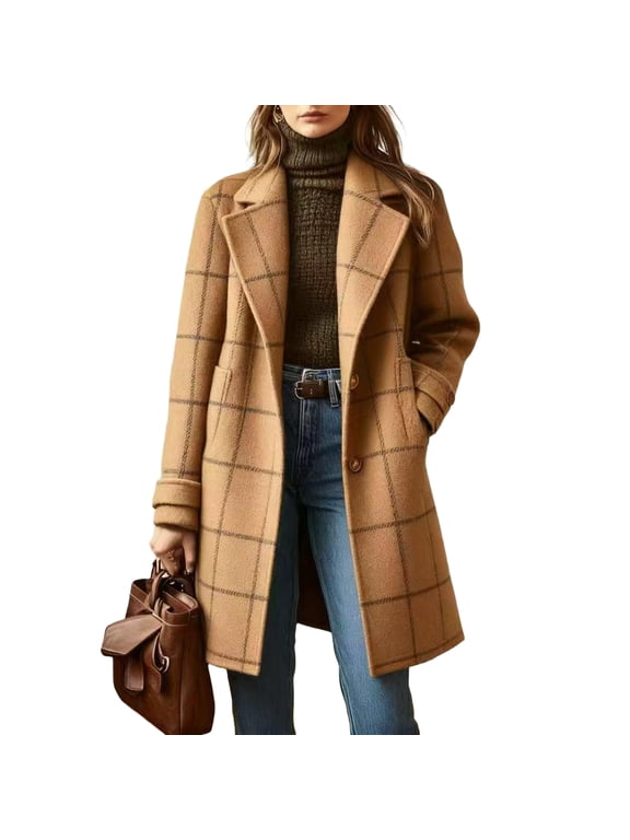 Women's Plaid Long Coat Single Breasted Notch Lapel Warm Winter Overcoat