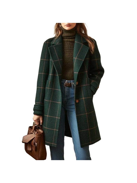 Women's Plaid Long Coat Single Breasted Notch Lapel Warm Winter Overcoat