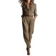 thumbnail image 1 of Women's Plaid Long Sleeve Button Down Belted Jumpsuit Slim Fit Office Workwear Outfit, 1 of 5