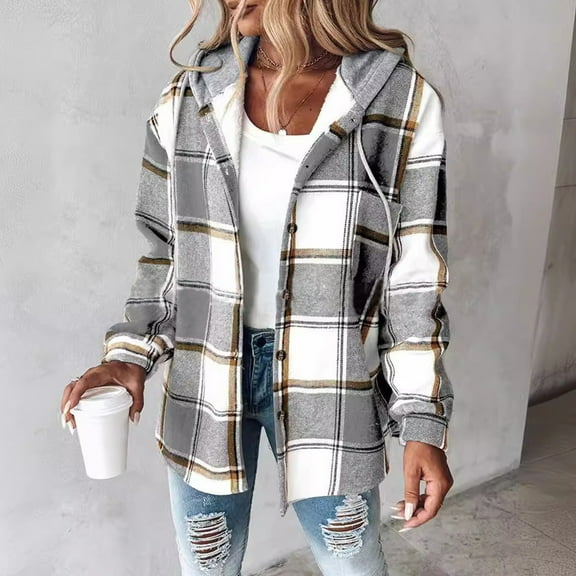 Women's Plaid Long Sleeve Button Down Hooded Jackets Warm Fall Outerwear Coat 2025 Light Gray L