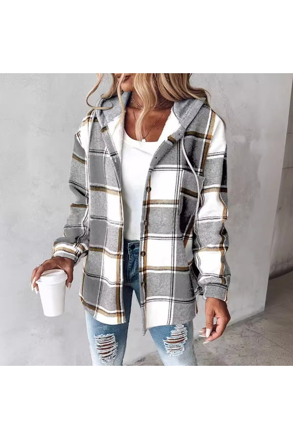 Women's Plaid Long Sleeve Button Down Hooded Jackets Warm Fall Outerwear Coat 2025 Light Gray M