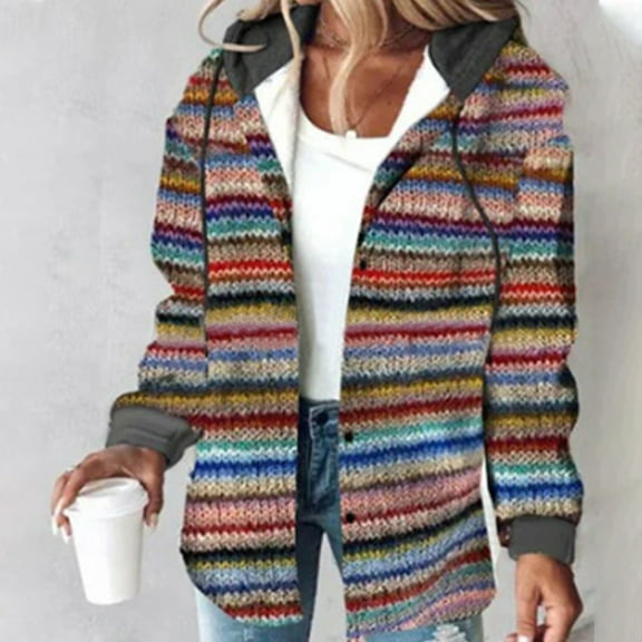 Women's Plaid Long Sleeve Button Down Hooded Jackets Warm Fall Outerwear Coat 2025 Multicolor L