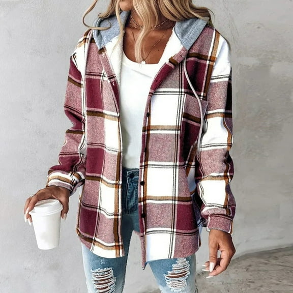 Women's Plaid Long Sleeve Button Down Hooded Jackets Warm Fall Outerwear Coat 2025 Red M