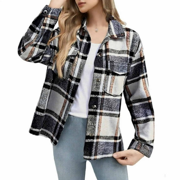 Women's Plaid Long Sleeve Button Down Shirts Fall Oversize Jacket with Pockets Black L
