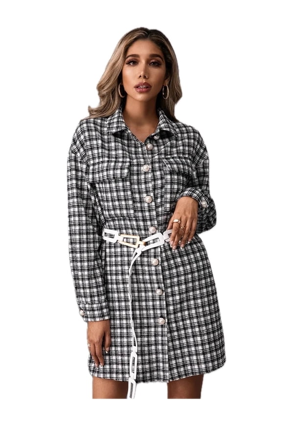 Women's Plaid Long Sleeve Pocketed Mini Dress with Button Front for Everyday Wear Chic Style polyester% Versatile