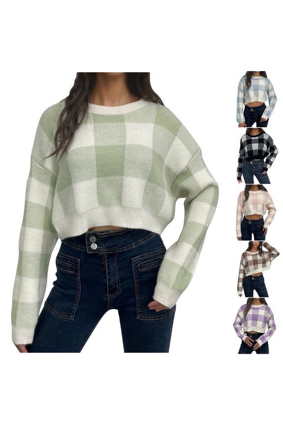 Women's Plaid Loose Knit Sweater Top Pullover Round Neck Short Sleeve High Waist Cropped Cinched Waist for Casual Work Vacation Beach Party Trendy 2026 Fashion Apparel | Ihhxva,Purple XL