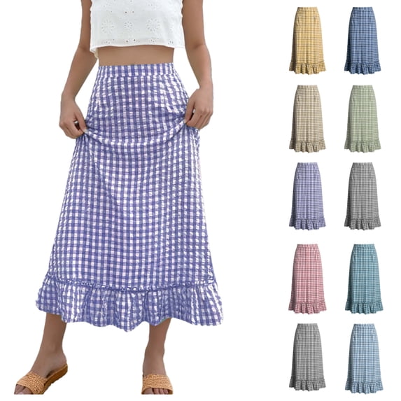 Women's Plaid Maxi Skirt, Women's Summer Gingham Midi Skirt - Casual Elastic Waist Ruffled Hem Plaid Skirt for Daily Wear & Brunch