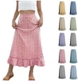 thumbnail image 1 of Women's Plaid Maxi Skirt, Women's Summer Gingham Midi Skirt - Casual Elastic Waist Ruffled Hem Plaid Skirt for Daily Wear & Brunch, 1 of 7