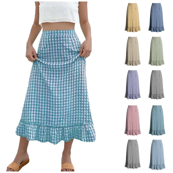 Women's Plaid Maxi Skirt, Women's Summer Gingham Midi Skirt - Casual Elastic Waist Ruffled Hem Plaid Skirt for Daily Wear & Brunch