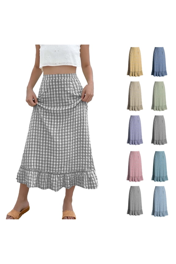 Women's Plaid Maxi Skirt, Women's Summer Gingham Midi Skirt - Casual Elastic Waist Ruffled Hem Plaid Skirt for Daily Wear & Brunch