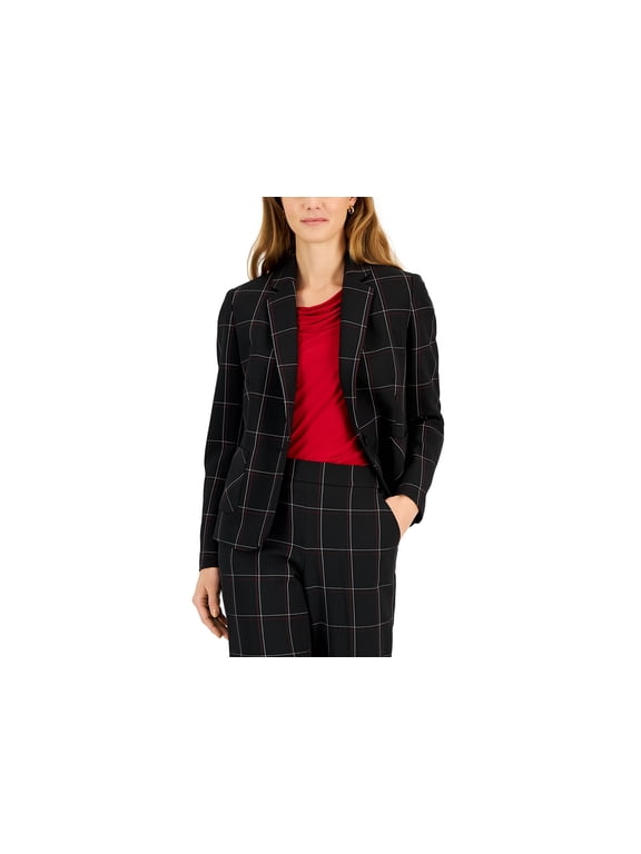 Women's Plaid One-Button Notched-Collar Jacket Black Multi 14