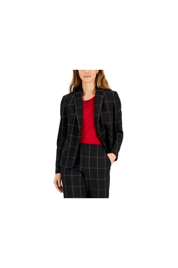 Women's Plaid One-Button Notched-Collar Jacket Black Multi 16