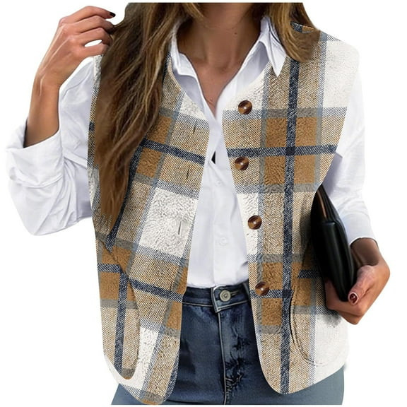 Women's Plaid Outerwear Vests Tops Button Down Collared Sleeveless Jacket Plus Size Casual Vest with Pockets
