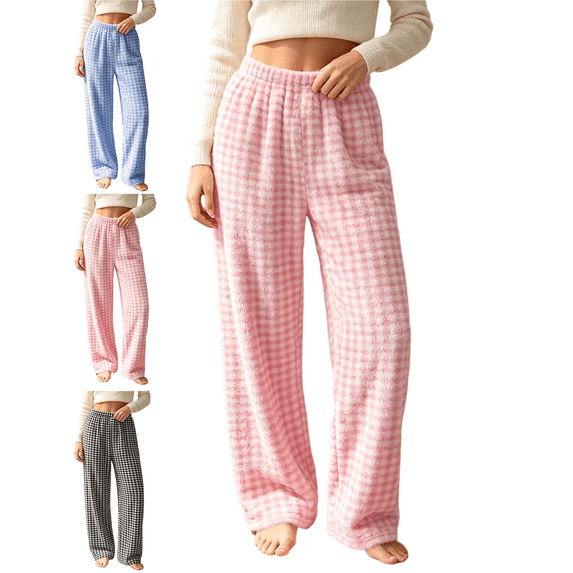 Women's Plaid Pajama Pants Comfy Lounge Pant Straight Leg Elastic Waist Sleep Bottoms Fall Winter Cozy Lady Sleepwear