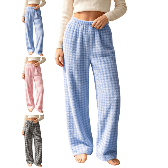 Women's Plaid Pajama Pants Comfy Lounge Pant Straight Leg Elastic Waist Sleep Bottoms Fall Winter Cozy Lady Sleepwear