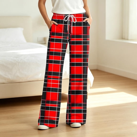 Women's Plaid Pajama Pants, Drawstring Casual Loose Loungewear Bottoms, Soft Sleepwear Trousers with Side Pockets S