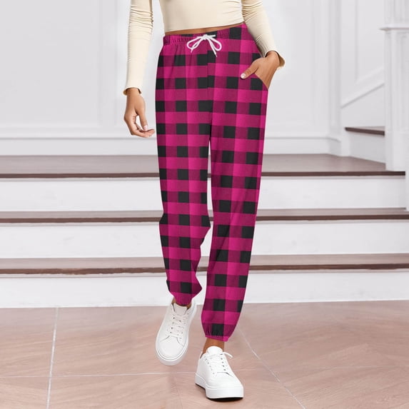 Women's Plaid Pajama Pants Elastic Waist Casual Joggers Yoga Sweatpants Comfy Loose Trousers with Pockets New Casual Pants for Women Plus Size Pinks XL